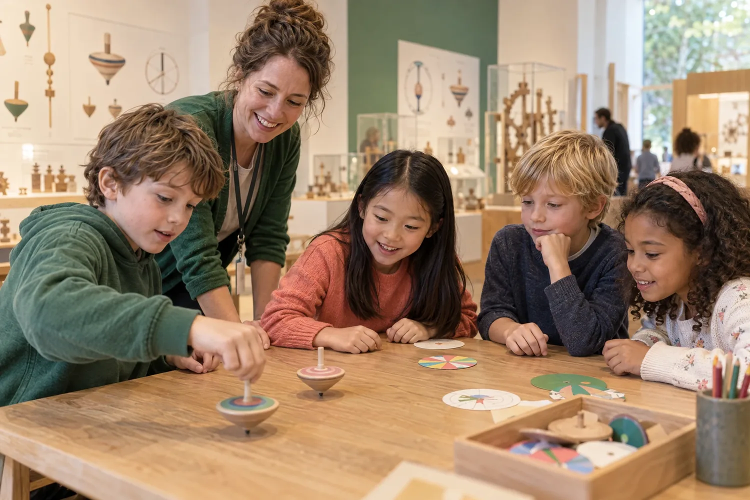 Kinder und eine Vermittlerin entdecken gemeinsam Kreisel an einem Werkstatttisch